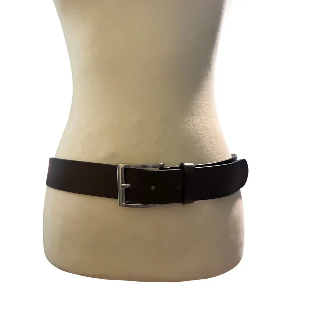 Hugo Boss Brown Genuine Leather Belt Silver Buckle Classic, Men's 33